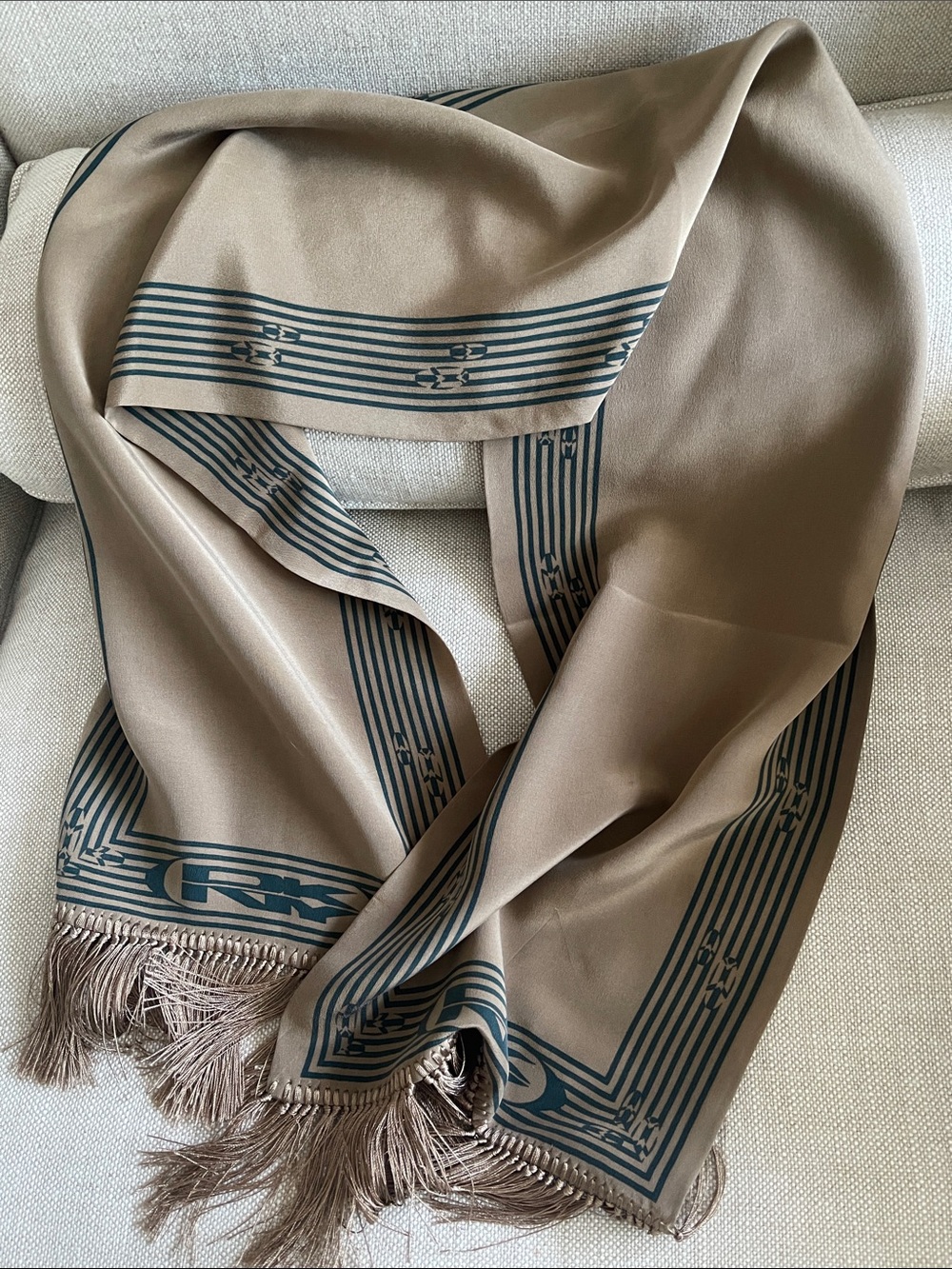 Vintage 100% Silk Dkny tan taupe double sided scarf with Fringe